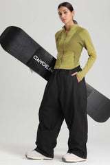 Women's Khaki Baggy Drawstring Durable Snow Pants