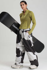 Women's Cow Print Baggy Drawstring Durable Snow Pants