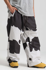 Men’s Cow Print Baggy Drawstring Durable Snow Pants