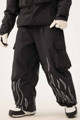 Women's Coffee Reflective Flame Baggy Utility Snow Pants
