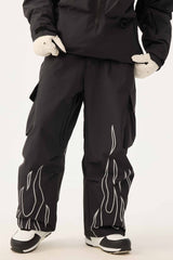 Women's Coffee Reflective Flame Baggy Utility Snow Pants