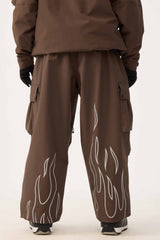 Women's Coffee Reflective Flame Baggy Utility Snow Pants