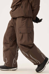 Women's Coffee Reflective Flame Baggy Utility Snow Pants