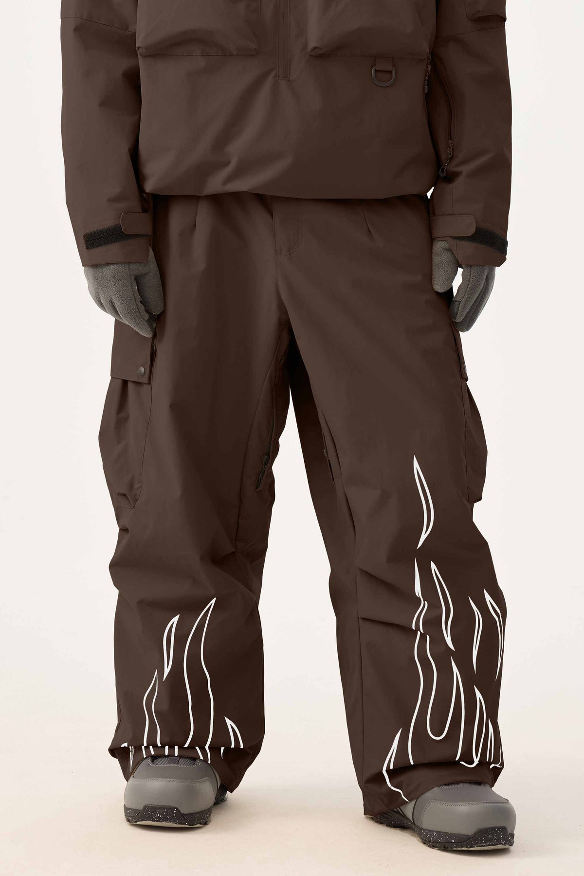 Men's Coffee Reflective Flame Baggy Utility Snow Pants