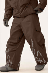 Men's Coffee Reflective Flame Baggy Utility Snow Pants