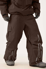 Men's Coffee Reflective Flame Baggy Utility Snow Pants