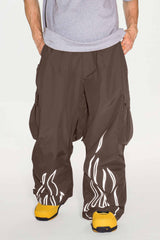 Men's Coffee Reflective Flame Baggy Utility Snow Pants