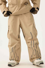 Women's Coffee Reflective Flame Baggy Utility Snow Pants