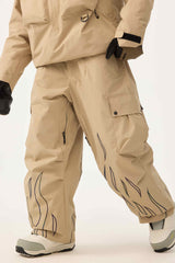 Women's Coffee Reflective Flame Baggy Utility Snow Pants