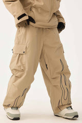 Women's Khaki Reflective Flame Baggy Utility Snow Pants