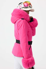 Chaqueta de esquí con aislamiento elástico de piel sintética cortada en 3D en color magenta para mujer 