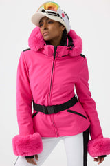 Chaqueta de esquí con aislamiento elástico de piel sintética cortada en 3D en color magenta para mujer 