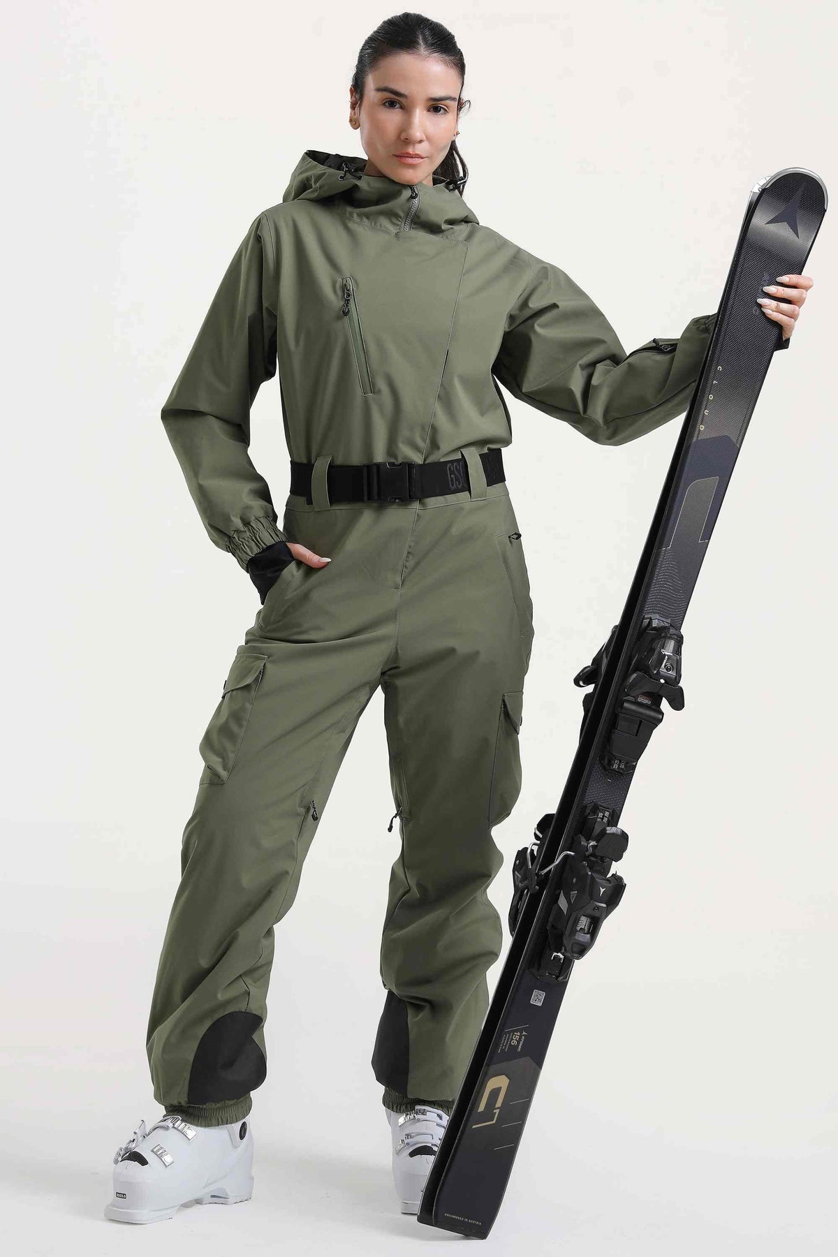 Women's Army Green Insulated Waterproof Asymmetric Design Belted One-Piece Ski Suit