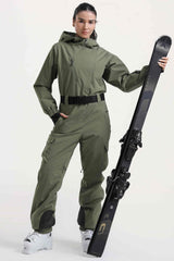 Women's Army Green Insulated Waterproof Asymmetric Design Belted One-Piece Ski Suit
