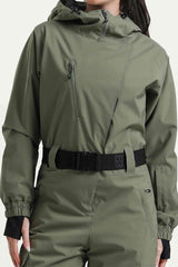 Women's Army Green Insulated Waterproof Asymmetric Design Belted One-Piece Ski Suit