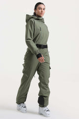 Women's Off White Insulated Waterproof Asymmetric Design Belted One-Piece Ski Suit