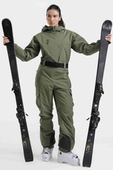 Women's Army Green Insulated Waterproof Asymmetric Design Belted One-Piece Ski Suit