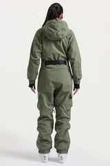 Women's Brown Insulated Waterproof Asymmetric Design Belted One-Piece Ski Suit