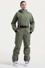 Women's Red Insulated Waterproof Asymmetric Design Belted One-Piece Ski Suit