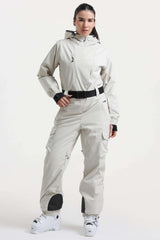 Women's Brown Insulated Waterproof Asymmetric Design Belted One-Piece Ski Suit