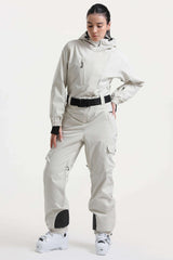Women's Off White Insulated Waterproof Asymmetric Design Belted One-Piece Ski Suit