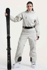 Women's Off White Insulated Waterproof Asymmetric Design Belted One-Piece Ski Suit