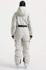 Women's Off White Insulated Waterproof Asymmetric Design Belted One-Piece Ski Suit