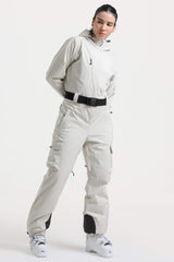 Women's Off White Insulated Waterproof Asymmetric Design Belted One-Piece Ski Suit