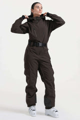 Women's Brown Insulated Waterproof Asymmetric Design Belted One-Piece Ski Suit