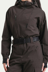 Women's Brown Insulated Waterproof Asymmetric Design Belted One-Piece Ski Suit