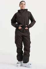Women's Brown Insulated Waterproof Asymmetric Design Belted One-Piece Ski Suit