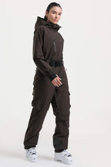 Women's Army Green Insulated Waterproof Asymmetric Design Belted One-Piece Ski Suit