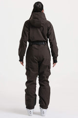 Women's Brown Insulated Waterproof Asymmetric Design Belted One-Piece Ski Suit