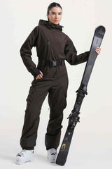 Women's Off White Insulated Waterproof Asymmetric Design Belted One-Piece Ski Suit