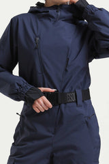 Women's Navy Insulated Waterproof Asymmetric Design Belted One-Piece Ski Suit