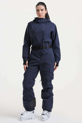 Women's Navy Insulated Waterproof Asymmetric Design Belted One-Piece Ski Suit