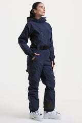 Women's Navy Insulated Waterproof Asymmetric Design Belted One-Piece Ski Suit