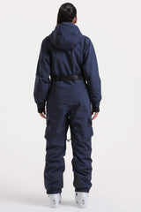 Women's Navy Insulated Waterproof Asymmetric Design Belted One-Piece Ski Suit