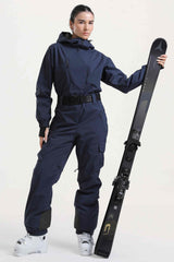 Women's Navy Insulated Waterproof Asymmetric Design Belted One-Piece Ski Suit