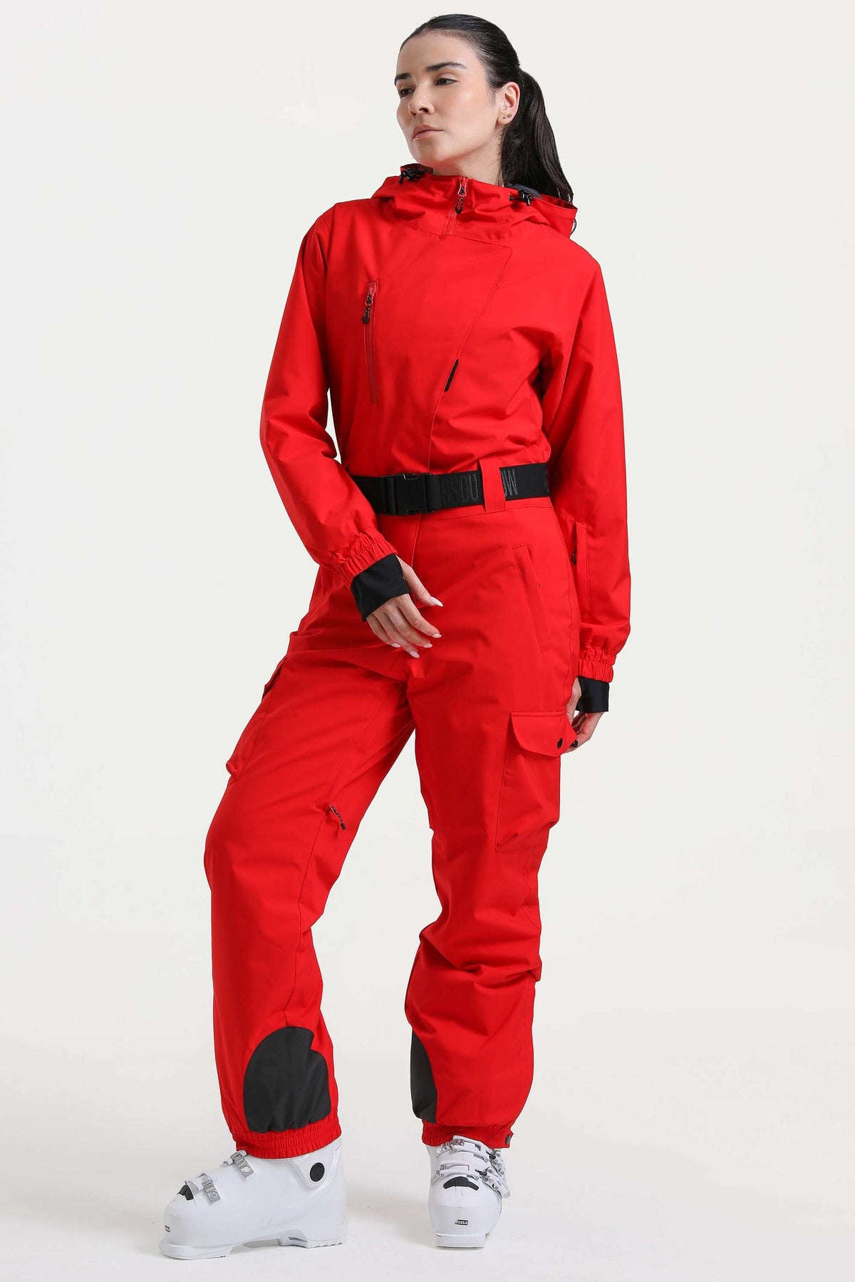 Women's Red Insulated Waterproof Asymmetric Design Belted One-Piece Ski Suit
