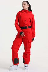Women's Red Insulated Waterproof Asymmetric Design Belted One-Piece Ski Suit