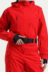Women's Red Insulated Waterproof Asymmetric Design Belted One-Piece Ski Suit