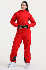 Women's Red Insulated Waterproof Asymmetric Design Belted One-Piece Ski Suit