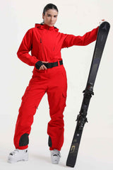 Women's Brown Insulated Waterproof Asymmetric Design Belted One-Piece Ski Suit