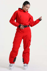Women's Red Insulated Waterproof Asymmetric Design Belted One-Piece Ski Suit