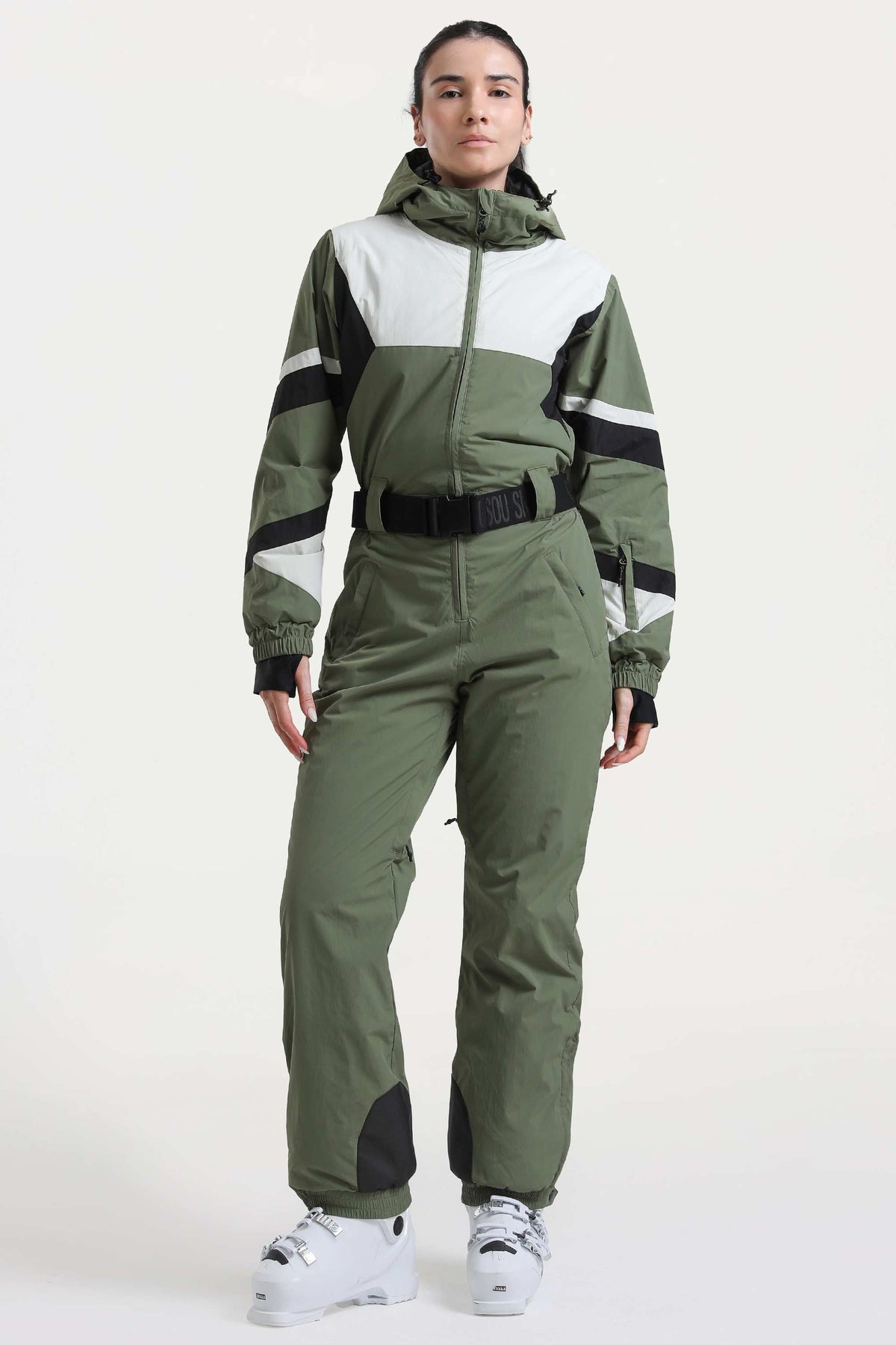 Women's Army Green Insulated Color-Block Utility One-Piece Ski Suit with Durable Fabric & Multiple Pockets