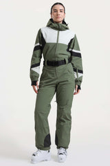 Women's Army Green Insulated Color-Block Utility One-Piece Ski Suit with Durable Fabric & Multiple Pockets