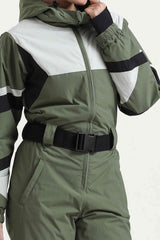 Women's Army Green Insulated Color-Block Utility One-Piece Ski Suit with Durable Fabric & Multiple Pockets