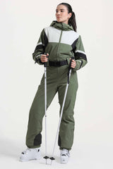 Women's Blue Insulated Color-Block Utility One-Piece Ski Suit with Durable Fabric & Multiple Pockets