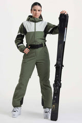 Women's Army Green Insulated Color-Block Utility One-Piece Ski Suit with Durable Fabric & Multiple Pockets
